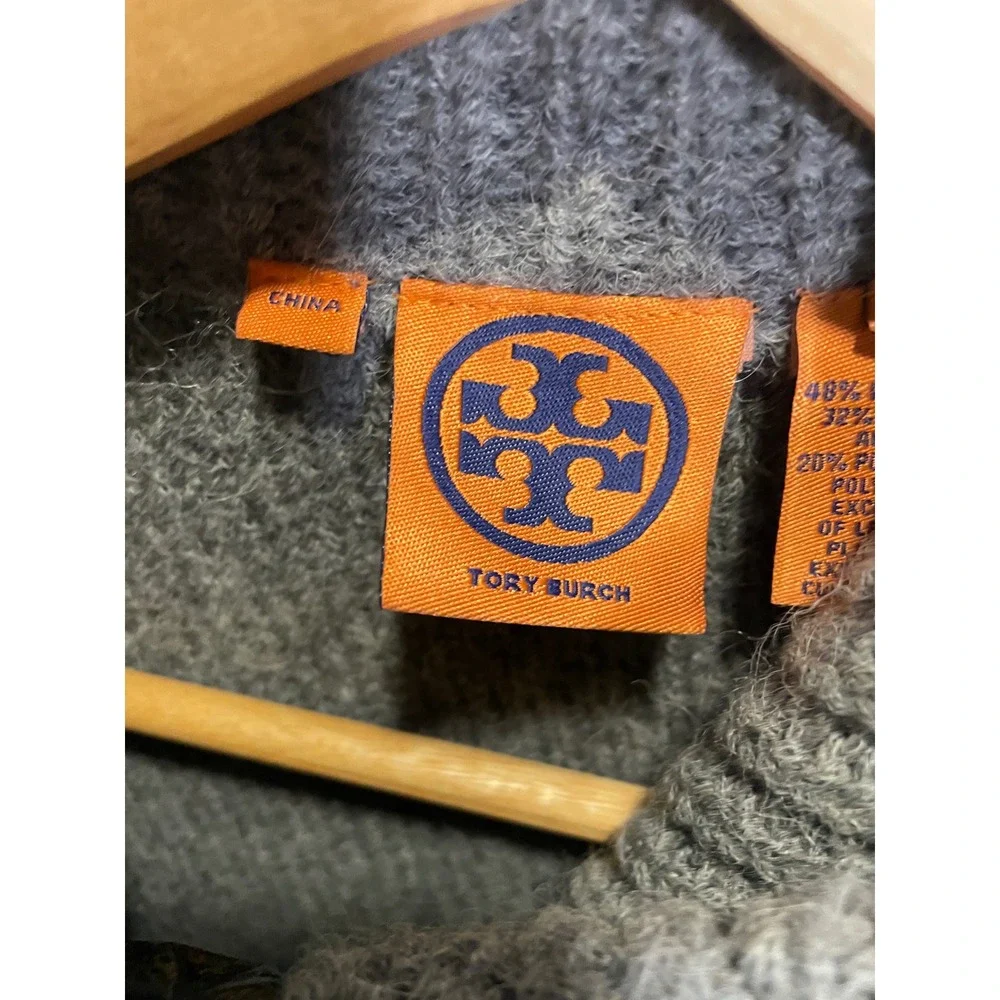 Tory Burch Cardigan Womens L Gray Wool Alpaca Leather Trim Logo Snap Knit Sweate